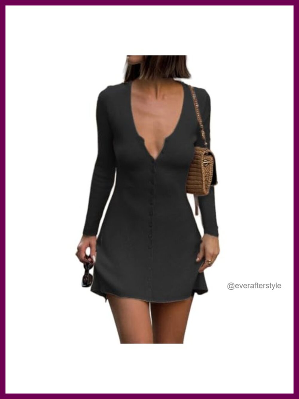 Deep V Neck Button Front Knit Mini Dress Long Sleeve Ribbed A-Line